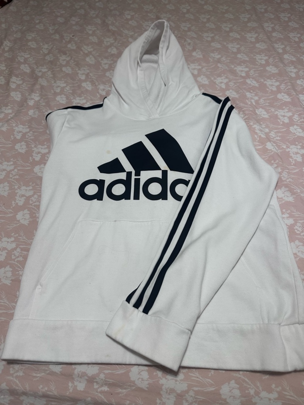 adidas White Hoodie with Black Logo and Stripes